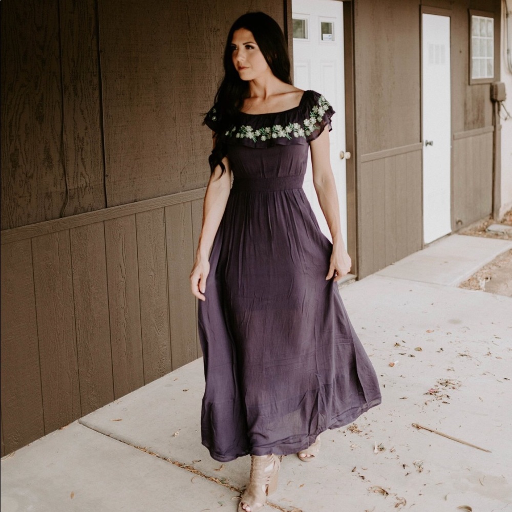 Embroidered Off the Shoulder Maxi Dress - Navy
